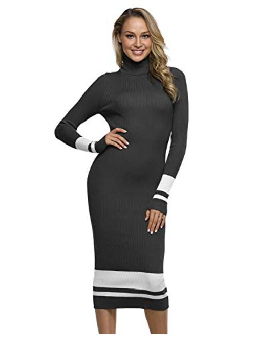 PrettyGuide Women Sweater Dress Turtleneck Ribbed Knit Slim Fit Long Sleeve Midi Dress