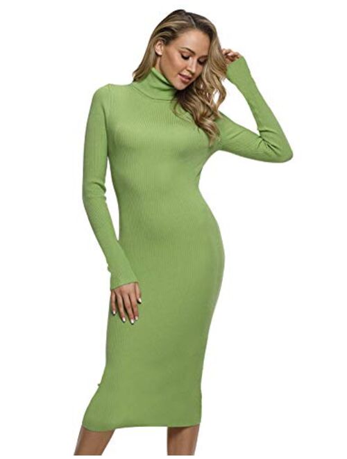 PrettyGuide Women Sweater Dress Turtleneck Ribbed Knit Slim Fit Long Sleeve Midi Dress