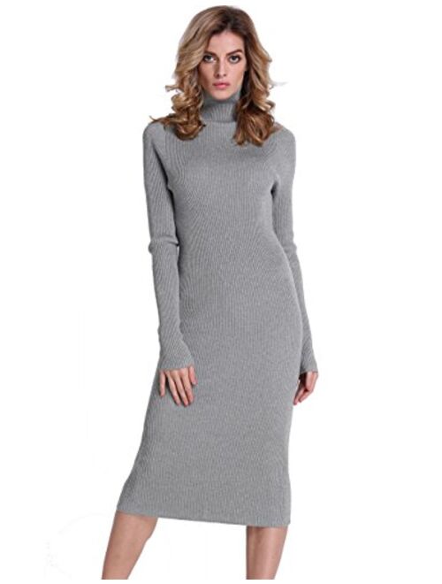 PrettyGuide Women Sweater Dress Turtleneck Ribbed Knit Slim Fit Long Sleeve Midi Dress