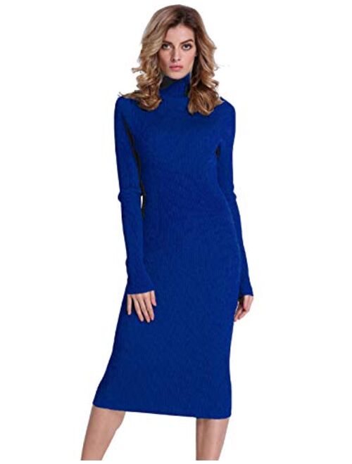 PrettyGuide Women Sweater Dress Turtleneck Ribbed Knit Slim Fit Long Sleeve Midi Dress