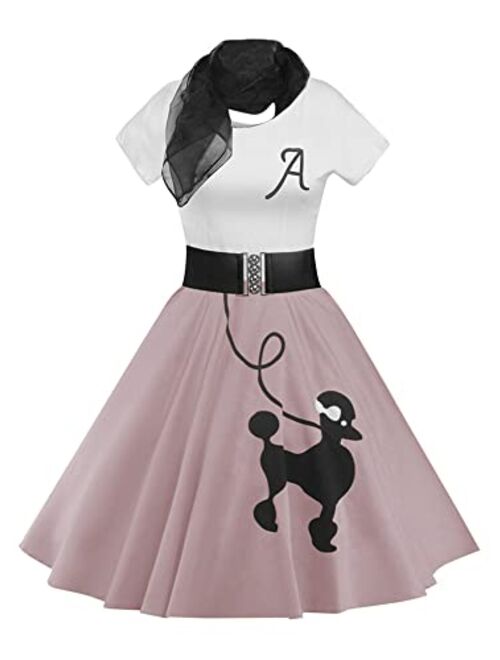 ZEZCLO Retro Poodle Print High Waist Skater Vintage Rockabilly Swing Tee Dress