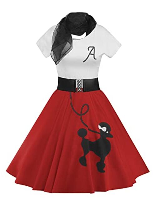 ZEZCLO Retro Poodle Print High Waist Skater Vintage Rockabilly Swing Tee Dress