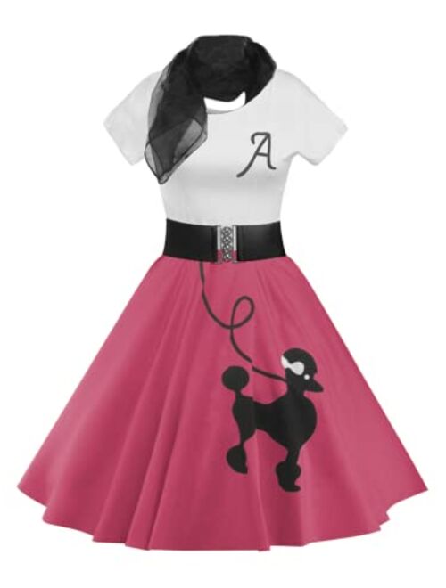 ZEZCLO Retro Poodle Print High Waist Skater Vintage Rockabilly Swing Tee Dress