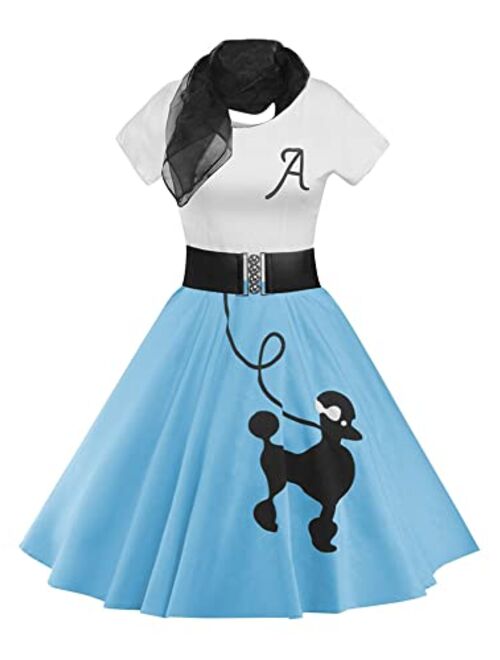 ZEZCLO Retro Poodle Print High Waist Skater Vintage Rockabilly Swing Tee Dress