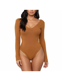 Weigou Women Jumpsuits Deep V Neck Long Sleeve Bodycon Stretch Jumpsuit Leotard Bodysuit Tops