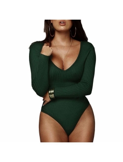 Weigou Women Jumpsuits Deep V Neck Long Sleeve Bodycon Stretch Jumpsuit Leotard Bodysuit Tops