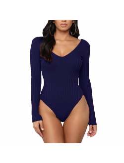 Weigou Women Jumpsuits Deep V Neck Long Sleeve Bodycon Stretch Jumpsuit Leotard Bodysuit Tops