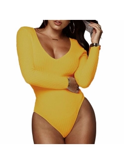 Weigou Women Jumpsuits Deep V Neck Long Sleeve Bodycon Stretch Jumpsuit Leotard Bodysuit Tops