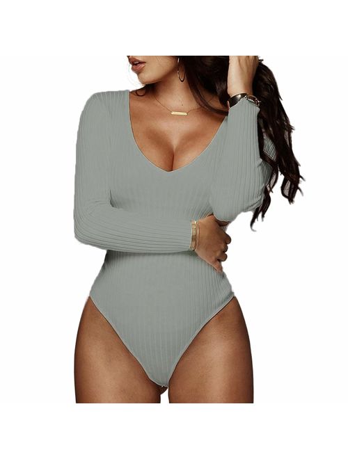 Weigou Women Jumpsuits Deep V Neck Long Sleeve Bodycon Stretch Jumpsuit Leotard Bodysuit Tops