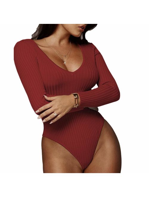 Weigou Women Jumpsuits Deep V Neck Long Sleeve Bodycon Stretch Jumpsuit Leotard Bodysuit Tops