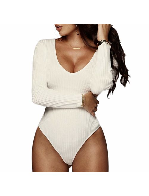 Weigou Women Jumpsuits Deep V Neck Long Sleeve Bodycon Stretch Jumpsuit Leotard Bodysuit Tops