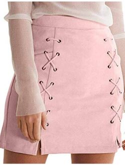 katiewens Women's Classic High Waist Lace Up Bodycon Faux Suede A Line Mini Pencil Skirt