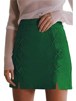 katiewens Women's Classic High Waist Lace Up Bodycon Faux Suede A Line Mini Pencil Skirt