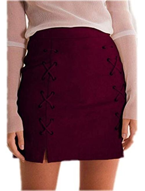 katiewens Women's Classic High Waist Lace Up Bodycon Faux Suede A Line Mini Pencil Skirt