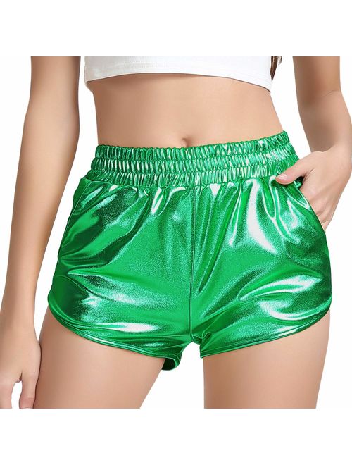 Perfashion Women's Metallic Shiny Shorts Sparkly Hot Yoga Outfit