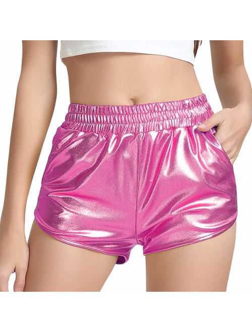 Perfashion Women's Metallic Shiny Shorts Sparkly Hot Yoga Outfit