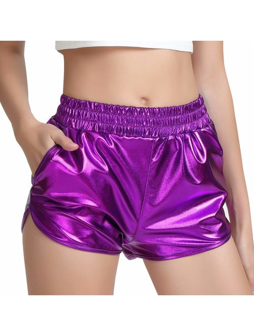 Perfashion Women's Metallic Shiny Shorts Sparkly Hot Yoga Outfit