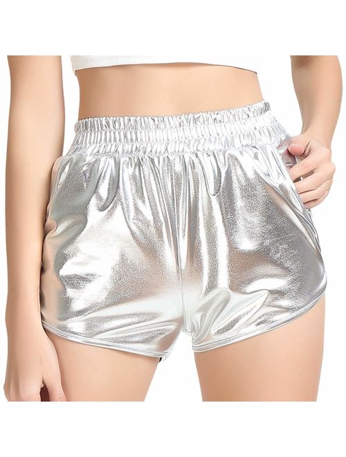 Perfashion Women's Metallic Shiny Shorts Sparkly Hot Yoga Outfit