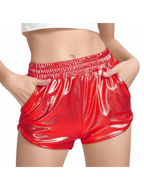 Perfashion Women's Metallic Shiny Shorts Sparkly Hot Yoga Outfit