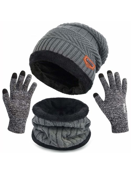 Maylisacc Winter Knit Beanie Hat Neck Warmer Scarf and Touch Screen Gloves Set 2/3 Pcs Fleece Lined Skull Cap for Men Women