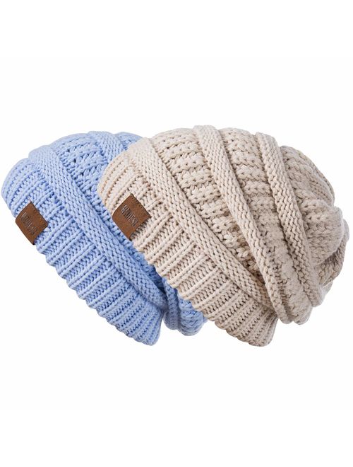 REDESS Slouchy Beanie Hat for Men and Women 2 Pack Winter Warm Chunky Soft Oversized Cable Knit Cap