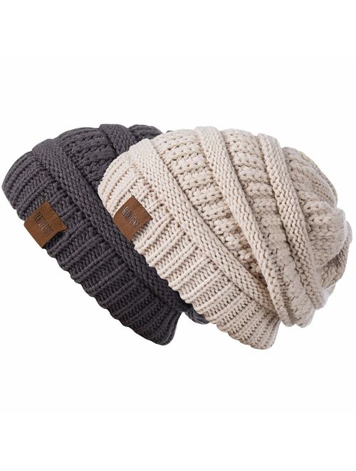 REDESS Slouchy Beanie Hat for Men and Women 2 Pack Winter Warm Chunky Soft Oversized Cable Knit Cap