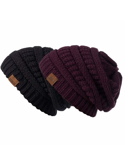 REDESS Slouchy Beanie Hat for Men and Women 2 Pack Winter Warm Chunky Soft Oversized Cable Knit Cap