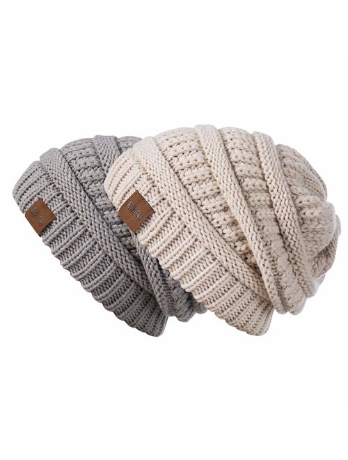 REDESS Slouchy Beanie Hat for Men and Women 2 Pack Winter Warm Chunky Soft Oversized Cable Knit Cap