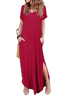 Arolina Women's Summer Maxi Dress Short Sleeve V Neck Casual Loose Long Beach Split Dresses with Pockets