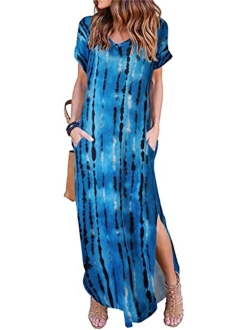 Arolina Women's Summer Maxi Dress Short Sleeve V Neck Casual Loose Long Beach Split Dresses with Pockets