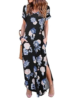 Arolina Women's Summer Maxi Dress Short Sleeve V Neck Casual Loose Long Beach Split Dresses with Pockets