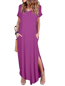 Arolina Women's Summer Maxi Dress Short Sleeve V Neck Casual Loose Long Beach Split Dresses with Pockets