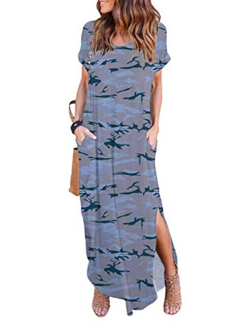 Arolina Women's Summer Maxi Dress Short Sleeve V Neck Casual Loose Long Beach Split Dresses with Pockets