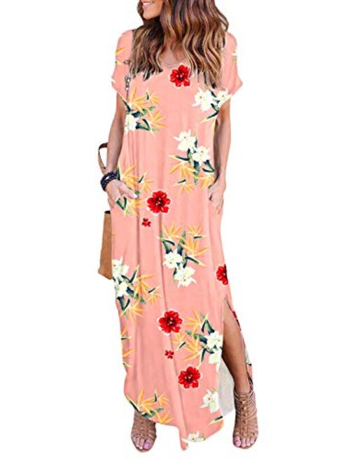 Arolina Women's Summer Maxi Dress Short Sleeve V Neck Casual Loose Long Beach Split Dresses with Pockets