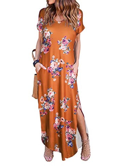 Arolina Women's Summer Maxi Dress Short Sleeve V Neck Casual Loose Long Beach Split Dresses with Pockets