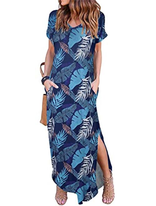 Arolina Women's Summer Maxi Dress Short Sleeve V Neck Casual Loose Long Beach Split Dresses with Pockets