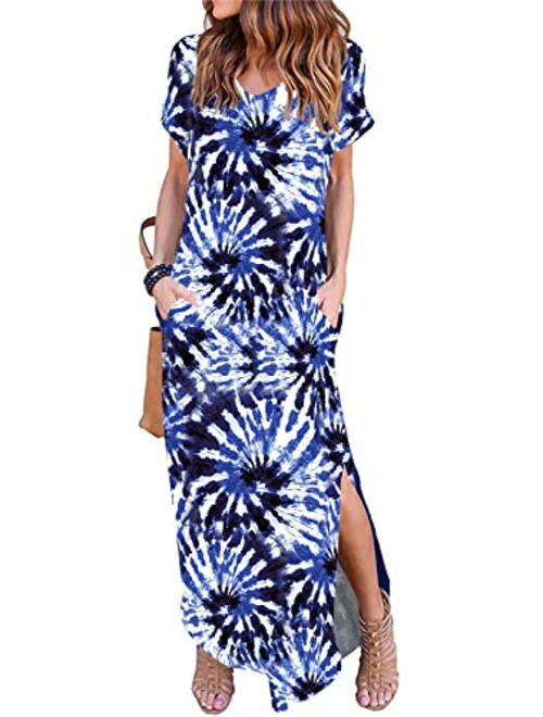 Arolina Women's Summer Maxi Dress Short Sleeve V Neck Casual Loose Long Beach Split Dresses with Pockets