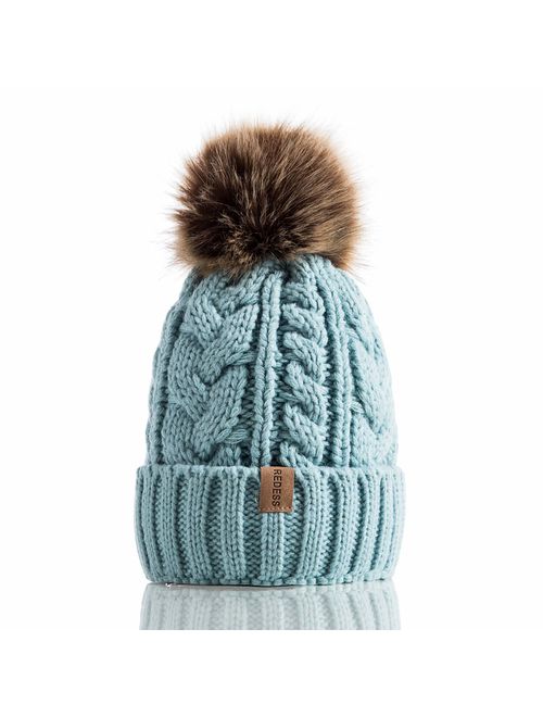 REDESS Women Winter Pom Pom Beanie Hat with Warm Fleece Lined, Thick Slouchy Snow Knit Skull Ski Cap