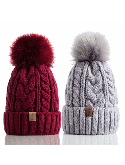 REDESS Women Winter Pom Pom Beanie Hat with Warm Fleece Lined, Thick Slouchy Snow Knit Skull Ski Cap