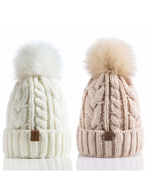 REDESS Women Winter Pom Pom Beanie Hat with Warm Fleece Lined, Thick Slouchy Snow Knit Skull Ski Cap