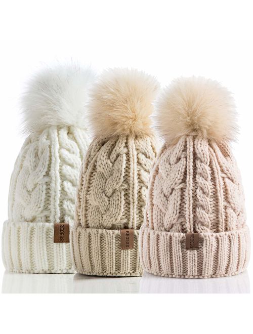 REDESS Women Winter Pom Pom Beanie Hat with Warm Fleece Lined, Thick Slouchy Snow Knit Skull Ski Cap