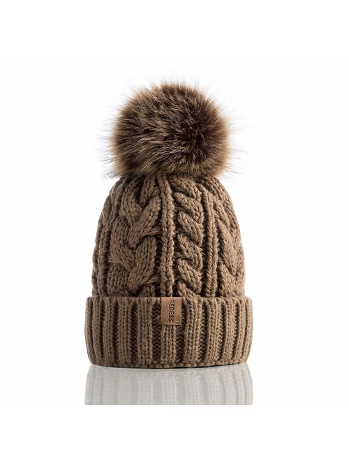 REDESS Women Winter Pom Pom Beanie Hat with Warm Fleece Lined, Thick Slouchy Snow Knit Skull Ski Cap