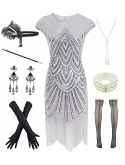 Women 1920s Vintage Flapper Fringe Beaded Gatsby Party Dress with 20s Accessories Set