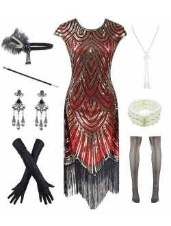 Women 1920s Vintage Flapper Fringe Beaded Gatsby Party Dress with 20s Accessories Set