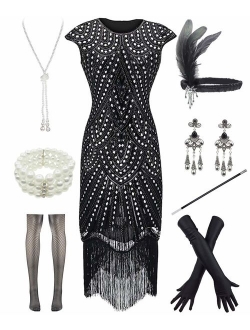 Women 1920s Vintage Flapper Fringe Beaded Gatsby Party Dress with 20s Accessories Set