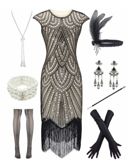 Women 1920s Vintage Flapper Fringe Beaded Gatsby Party Dress with 20s Accessories Set