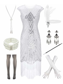 Women 1920s Vintage Flapper Fringe Beaded Gatsby Party Dress with 20s Accessories Set