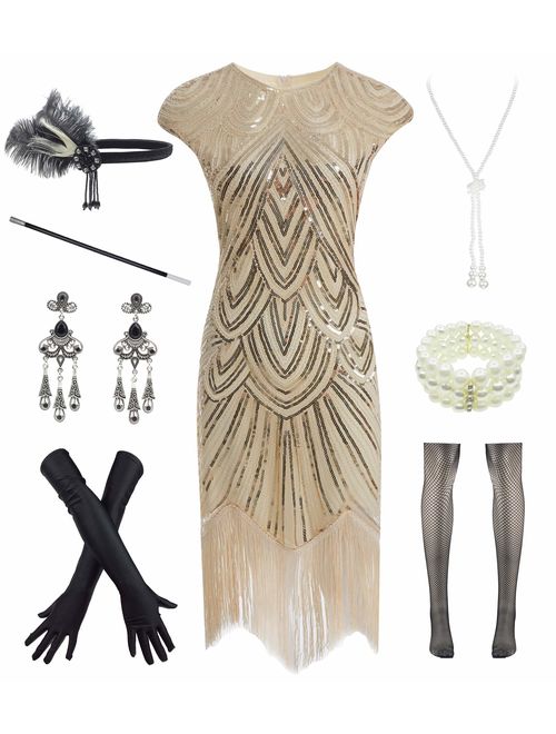 Women 1920s Vintage Flapper Fringe Beaded Gatsby Party Dress with 20s Accessories Set