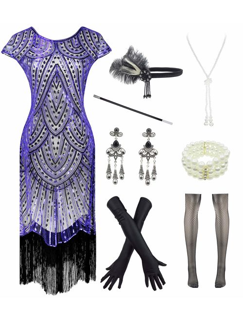 Women 1920s Vintage Flapper Fringe Beaded Gatsby Party Dress with 20s Accessories Set