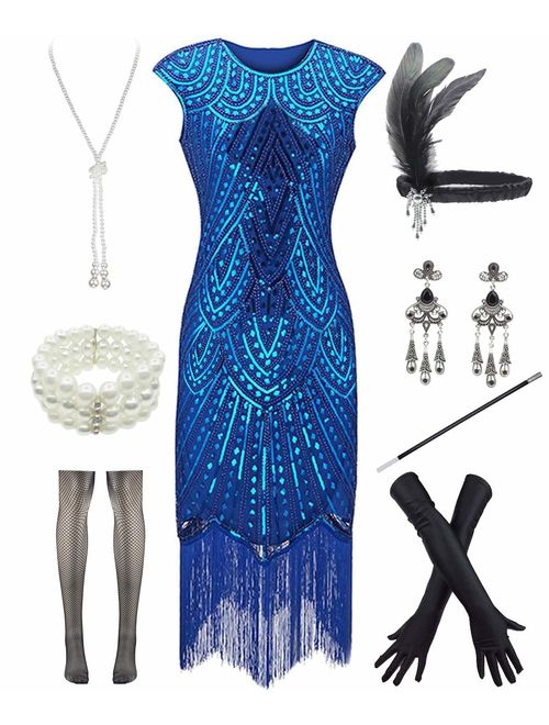 Women 1920s Vintage Flapper Fringe Beaded Gatsby Party Dress with 20s Accessories Set